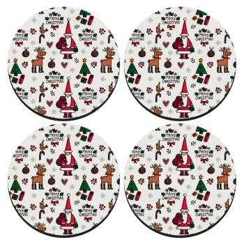 Santas, Deers & Trees, SET of 4 round wooden coasters (9cm)