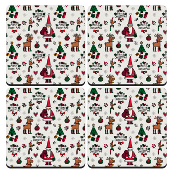 Santas, Deers & Trees, ΣΕΤ 4 Σουβέρ ξύλινα τετράγωνα (9cm)