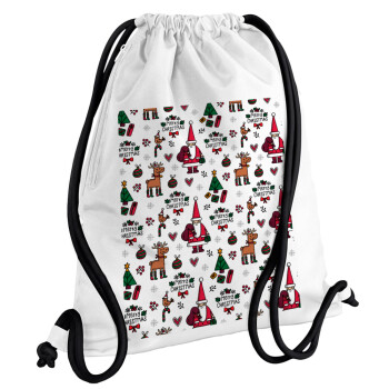 Santas, Deers & Trees, Τσάντα πλάτης πουγκί GYMBAG λευκή, με τσέπη (40x48cm) & χονδρά κορδόνια