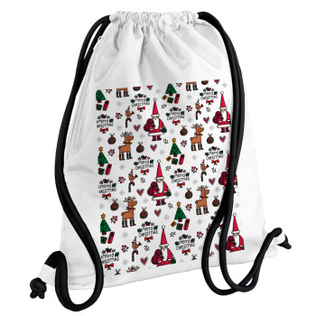 Santas, Deers & Trees, Backpack pouch GYMBAG white, with pocket (40x48cm) & thick cords