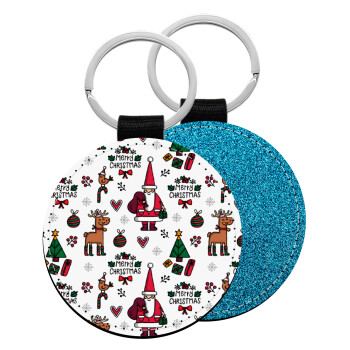 Santas, Deers & Trees, Μπρελόκ Δερματίνη, στρογγυλό ΜΠΛΕ (5cm)