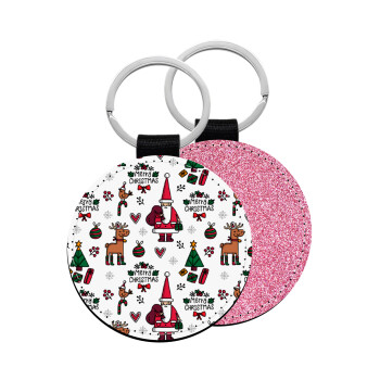 Santas, Deers & Trees, Μπρελόκ Δερματίνη, στρογγυλό ΡΟΖ (5cm)