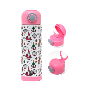 Santas, Deers & Trees, Children's hot water bottle, stainless steel, with safety straw, PINK (500ml)