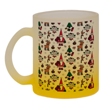 Santas, Deers & Trees, Κούπα γυάλινη δίχρωμη με βάση το κίτρινο ματ, 330ml
