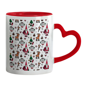 Santas, Deers & Trees, Κούπα καρδιά χερούλι κόκκινη, κεραμική, 330ml