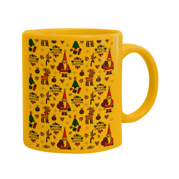 Santas, Deers & Trees, Ceramic coffee mug yellow, 330ml (1pcs)