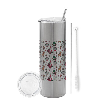 Santas, Deers & Trees, Eco friendly stainless steel Silver tumbler 600ml, with metal straw & cleaning brush
