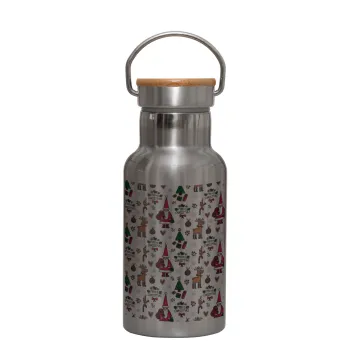 Santas, Deers & Trees, Stainless steel metallic thermos flask, silver with a bamboo lid, double-walled, 350ml.