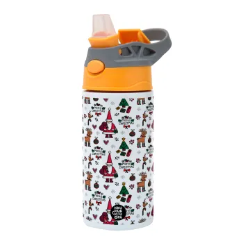Santas, Deers & Trees, Children's hot water bottle, stainless steel, with safety straw, Orange/Grey (360ml) BPA-FREE