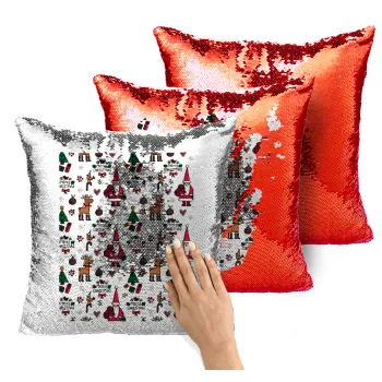 Santas, Deers & Trees, Μαξιλάρι καναπέ Μαγικό Κόκκινο με πούλιες 40x40cm περιέχεται το γέμισμα