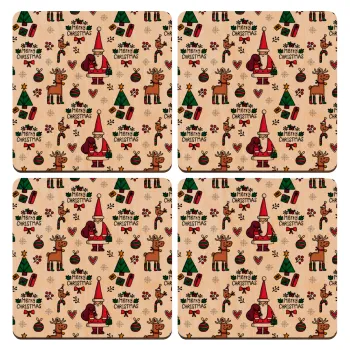 Santas, Deers & Trees, ΣΕΤ x4 Σουβέρ ξύλινα τετράγωνα plywood (9cm)