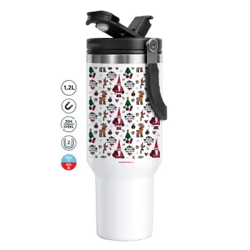 Santas, Deers & Trees, Mega Tumbler με καπάκι, διπλού τοιχώματος (θερμό) 1,2L