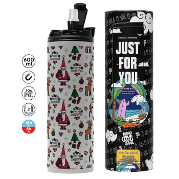 Santas, Deers & Trees, Tumbler ποτήρι θερμό ΓΚΡΙ από ανοξείδωτο ατσάλι 600ml