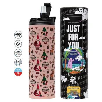 Santas, Deers & Trees, Tumbler ποτήρι θερμό ΡΟΖ από ανοξείδωτο ατσάλι 600ml