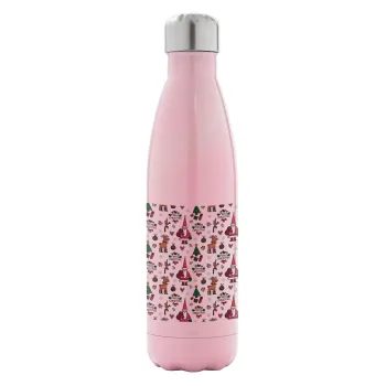 Santas, Deers & Trees, Metal mug thermos Pink Iridiscent (Stainless steel), double wall, 500ml