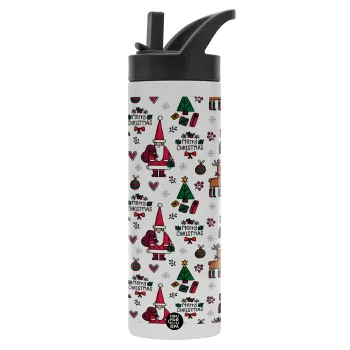 Santas, Deers & Trees, Metallic thermos bottle with straw & handle, stainless steel (Stainless steel 304), double-walled, 600ml.