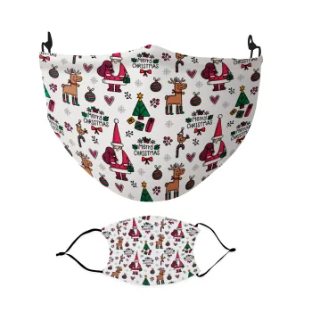 Santas, Deers & Trees, Μάσκα υφασμάτινη Ενηλίκων πολλαπλών στρώσεων με υποδοχή φίλτρου