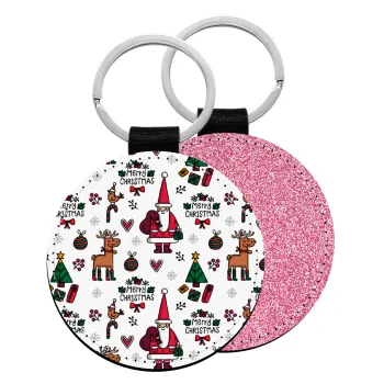 Santas, Deers & Trees, Μπρελόκ Δερματίνη, στρογγυλό ΡΟΖ (5cm)