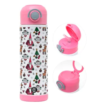 Santas, Deers & Trees, Παιδικό παγούρι θερμό, ανοξείδωτο, με καλαμάκι ασφαλείας, ΡΟΖ (500ml)