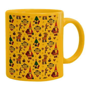 Santas, Deers & Trees, Κούπα, κεραμική κίτρινη, 330ml