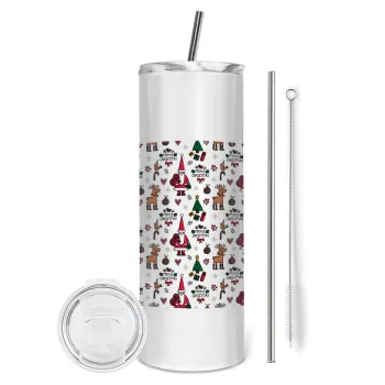 Santas, Deers & Trees, Tumbler ποτήρι θερμό από ανοξείδωτο ατσάλι 600ml, με μεταλλικό καλαμάκι & βούρτσα καθαρισμού