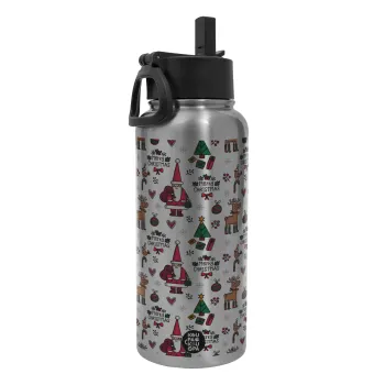 Santas, Deers & Trees, Metal mug thermo Silver with Straw and Spout Lid (Stainless steel), double wall, 950ml