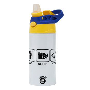 Eat Sleep Code, Children's hot water bottle, stainless steel, with safety straw, green, blue (360ml) BPA FREE