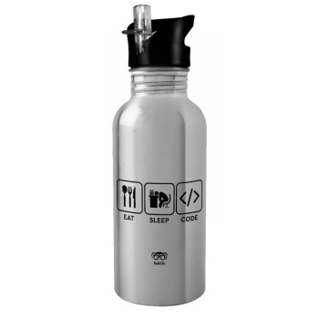 Eat Sleep Code, Water bottle Silver with straw, stainless steel 600ml