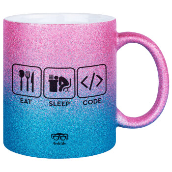 Eat Sleep Code, Κούπα Χρυσή/Μπλε Glitter, κεραμική, 330ml