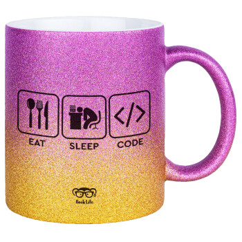 Eat Sleep Code, Κούπα Χρυσή/Ροζ Glitter, κεραμική, 330ml
