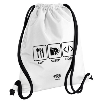 Eat Sleep Code, Backpack pouch GYMBAG white, with pocket (40x48cm) & thick cords