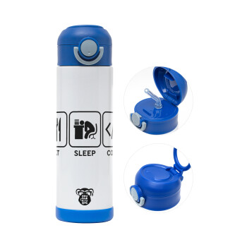 Eat Sleep Code, Children's hot water bottle, stainless steel, with safety straw, BLUE (500ml)