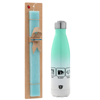 Eat Sleep Code, Easter Set, Metallic green/white thermos (Stainless steel), double-walled, 500ml & scented flat Easter candle (30cm) (TURQUOISE)