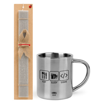 Eat Sleep Code, Easter Set, metallic thermal cup (300ml) & Easter aromatic flat candle (30cm) (GRAY)