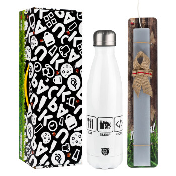 Eat Sleep Code, Easter candle, metallic white thermos bottle (500ml) & aromatic flat candle (30cm) (GRAY)