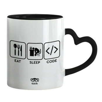 Eat Sleep Code, Mug heart black handle, ceramic, 330ml