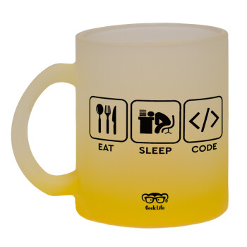 Eat Sleep Code, Κούπα γυάλινη δίχρωμη με βάση το κίτρινο ματ, 330ml