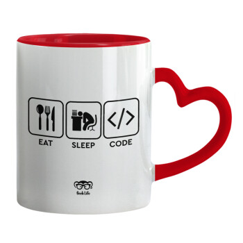 Eat Sleep Code, Κούπα καρδιά χερούλι κόκκινη, κεραμική, 330ml