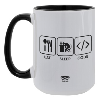 Eat Sleep Code, Κούπα Mega 15oz, κεραμική Μαύρη, 450ml