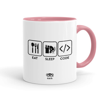 Eat Sleep Code, Κούπα χρωματιστή ροζ, κεραμική, 330ml