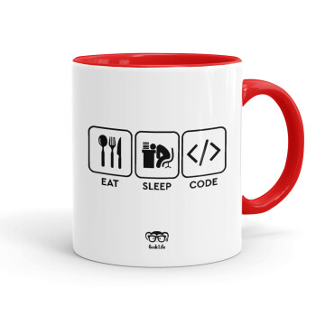 Eat Sleep Code, Κούπα χρωματιστή κόκκινη, κεραμική, 330ml