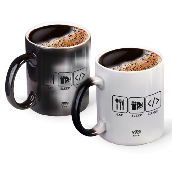 Eat Sleep Code, Color changing magic Mug, ceramic, 330ml when adding hot liquid inside, the black colour desappears (1 pcs)