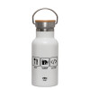 Metallic thermos (Stainless steel) White with wooden lid (bamboo), double-walled, 350ml