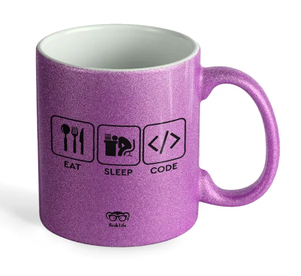 Eat Sleep Code — Κούπα Μωβ Glitter που γυαλίζει, κεραμική, 330ml
