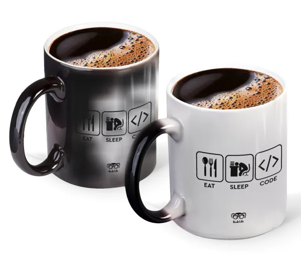 Eat Sleep Code — Color changing magic Mug, ceramic, 330ml when adding hot liquid inside, the black colour desappears (1 pcs)