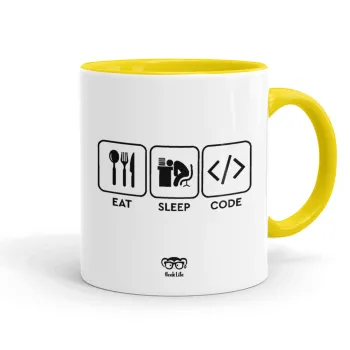 Eat Sleep Code, Κούπα χρωματιστή κίτρινη, κεραμική, 330ml