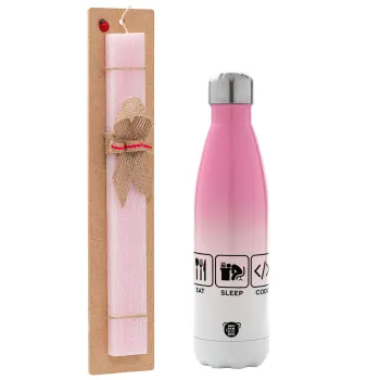 Eat Sleep Code, Easter Set, Metallic pink/white (Stainless steel) thermos, double-walled, 500ml & aromatic flat Easter candle (30cm) (PINK)