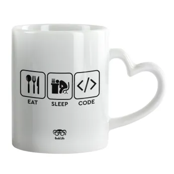 Eat Sleep Code, Mug heart handle, ceramic, 330ml