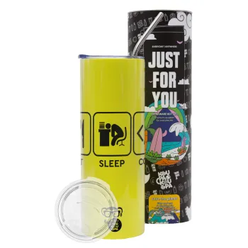 Eat Sleep Code, Neon Yellow Travel Tumbler θερμό, μεταλλικό καλαμάκι(Ανωξείδωτο 304 Food grade, BPA free, 600ml)