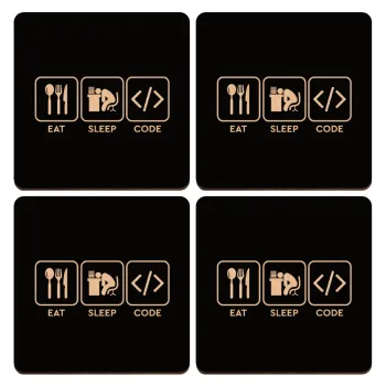 Eat Sleep Code, ΣΕΤ x4 Σουβέρ ξύλινα τετράγωνα plywood (9cm)
